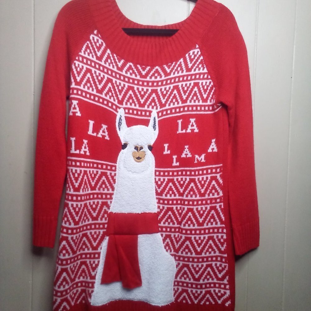 Holiday Time Christmas Sweater S 4-6 Llama Long Sleeve Red